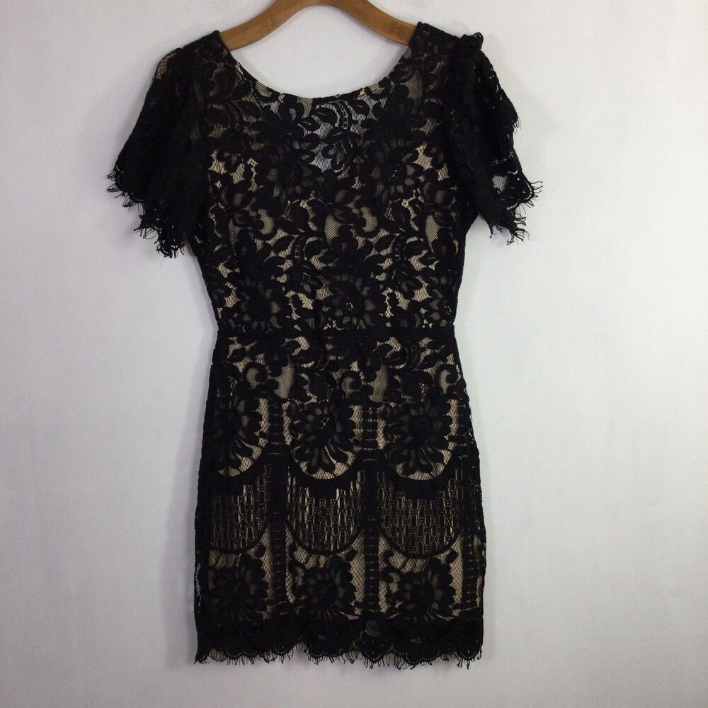 Lulus Womens Pearson Lace Short Sleeve Cocktail Mini Dress Black Size Medium